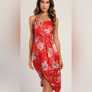 My Favorite Day Red Floral Print Tulip Skirt Midi Dress